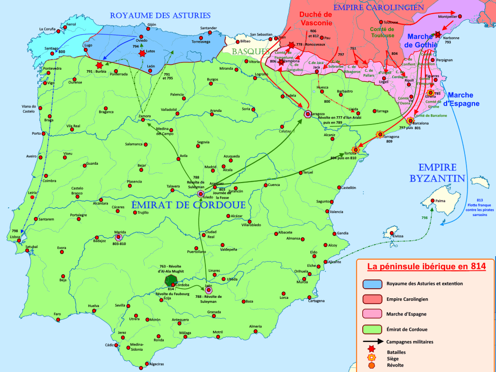 Mappa della Penisola Iberica nel 814, evidenziando il Regno delle Asturie, l'Impero Carolingio e l'Emirato di Cordova.